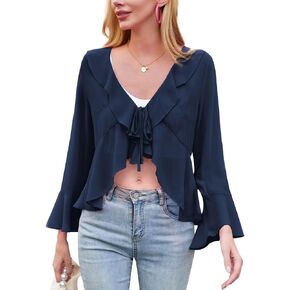 Kate Kasin Women Chiffon Tie Front Cardigan Long Bell Sleeve Ruffle V Neck Bolero Shrug for Summer Dresses