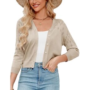 Genhoo Women's Cropped Cardigan 3/4 Sleeve Button Down Knit Bolero Shrug Open Front Lightweight Hollowed-Out Sweater Tops