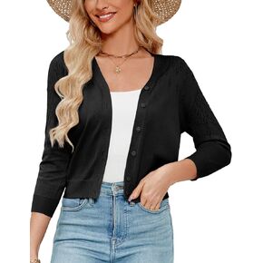 Genhoo Women's Cropped Cardigan 3/4 Sleeve Button Down Knit Bolero Shrug Open Front Lightweight Hollowed-Out Sweater Tops