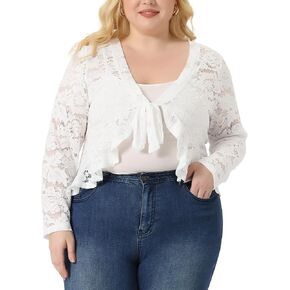 Agnes Orinda Plus Size Cardigan for Women Bolero Shrug 3/4 Sleeve Tie Front Sheer Lace Crop Cardigans