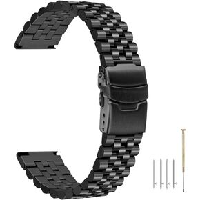 Three-dimensional Quick Release Metal Watch Band 20mm 22mm Stainless Steel Engineer Watch Bracelet Taper Links with Fold Over Clasp Black, Silver