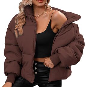 Winter Puffer Jacket Women Cropped Baggy Down Coats Long Sleeves Zip Puffy Jackets