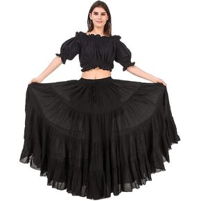 BoheeWohee Women's 25 Yard Cotton Gypsy Belly Dance 4-Tiered A-Line Pleated Maxi Long Boho Dance Tribal Skirt in Kuwait
