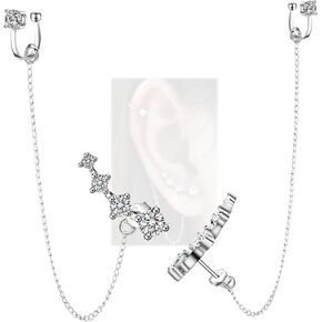 CZ 925 Sterling Silver 14K Gold Plated Ear Crawler Hypoallergenic 4 Crystals Stud Earring with Chain Threader Earrings for Women