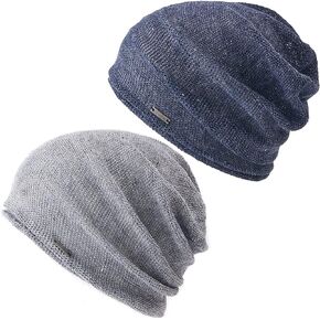 CHARM Gray and Navy Linen Summer Slouchy Beanie for Men and Women
