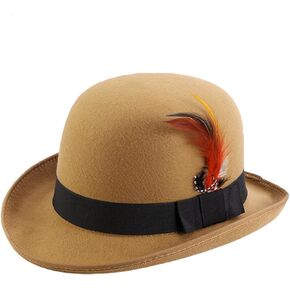 Classic Fedora Hat with Feather Bowler Dome Hard Faux Woolen Top Hat for Men Women