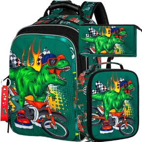 KLFVB 3PCS Cat Unicorn Dinosaur Backpack for Girls and Boys, 16" Kids Bookbag and Lunch Box, Preschool Backpacks for Elementary