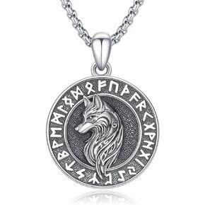 Viking Wolf Necklace for Men S925 Sterling Silver Wolf Pendant Necklace Vintage Oxidized Wolf Necklace Norse Wolf Jewelry Gift for Men Boys Women