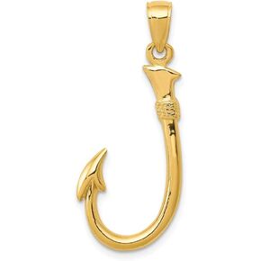 Solid 14k Yellow Gold Men's 3-D Fishing Hook Pendant Charm - 33mm x 12mm