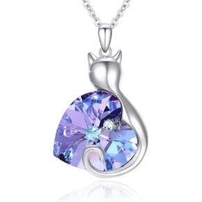 Cat Necklace for Women 925 Sterling Silver Cat Necklace Embellished with Crystals from Austria, Cute Cat Jewelry Valentines’ Day Birthday Gifts for Women Cat Lovers