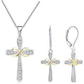 YL Women's Cross Necklace 925 Sterling Silver Infinity Pendant Cubic Zirconia 18K Gold Cross Earrings Jewelry