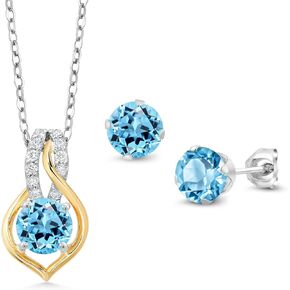 Gem Stone King 2-Tone 925 Silver and 10K Yellow Gold Swiss Blue Topaz and White Lab Grown Diamond Pendant and Earrings Jewelry Set For Women (3.11 Cttw, with 18 Inch Silver Chain)