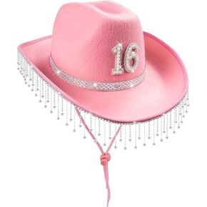 16th Birthday Pink Cowboy Hat- Sweet 16th Birth Day Decorations Gifts for Girls Cowgirl Hats with with Rhinestones Wide Brime Outfit in Kuwait