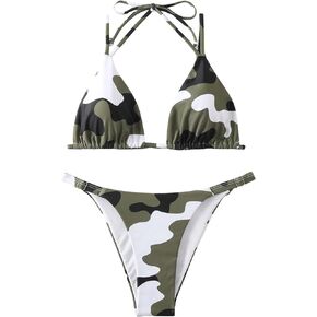 SHENHE Women's 2 Piece Swimsuit Camo Print Tie Backless Halter Triangle Bikini Set