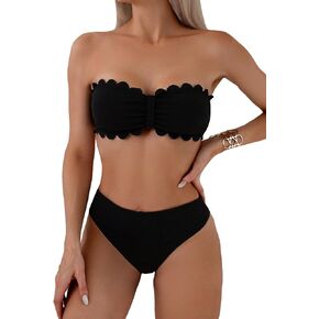 SHENHE Women's 2 Piece Strapless Swimsuit Scalloped High Waist Bandeau Bikini Set