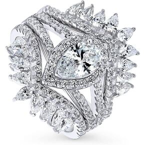 BERRICLE Sterling Silver Halo Wedding Engagement Rings Pear Cut Cubic Zirconia CZ Split Shank Ring Set for Women, Rhodium Plated Size 4-10