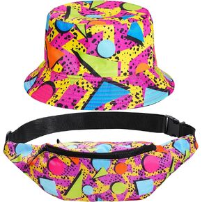 80s 90s Fanny Pack Bucket Hat Set for Women Men Neon Waist Bag 90s Hat Retro Casual Outfit for 1980s/1990s Costume