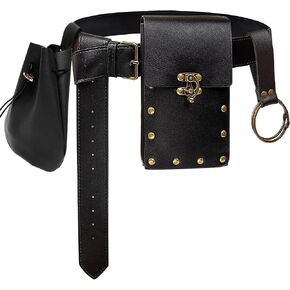 Steampunk Fashion Waist Bag Fanny Pack Belt Pouch Phone Purse Festival Medieval Renaissance Costume Retro Cosplay Accessory (2P-Black) in Kuwait