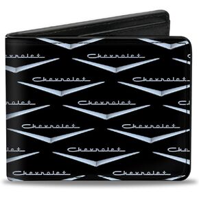 Buckle-Down Men's PU Bifold Wallet-1955-57 Chevrolet V Emblem Monogram Black/Silver, Multicolor, 4.0" x 3.5"
