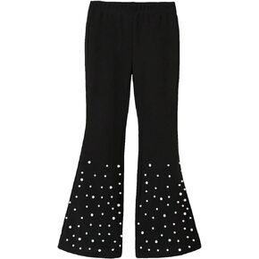 OYOANGLE Girl's Pearl Beaded Elastic Waist Flared Leg Pants Bell Bottom Long Trousers
