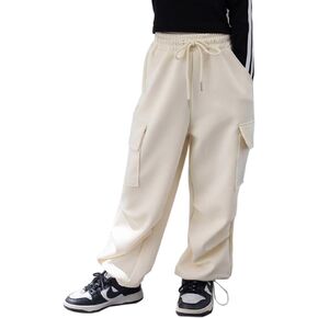 Rolanko Girls Cargo Pants Wide Leg Cargo Sweatpants High Waist Kids Joggers with Pockets 4-14 Years
