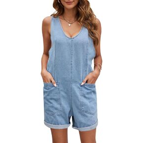 Womens High Roller Shortall Denim Romper Casual Sleeveless Loose Jeans Overalls Shorts Jumpsuits with Pockets