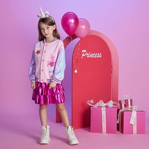 DXTON Girls Baseball Bomber Jacket Zip/Button Sweatshirt Fall Winter Outwear Coat for Kids Toddler 3-12 Years in Saudi Arabia