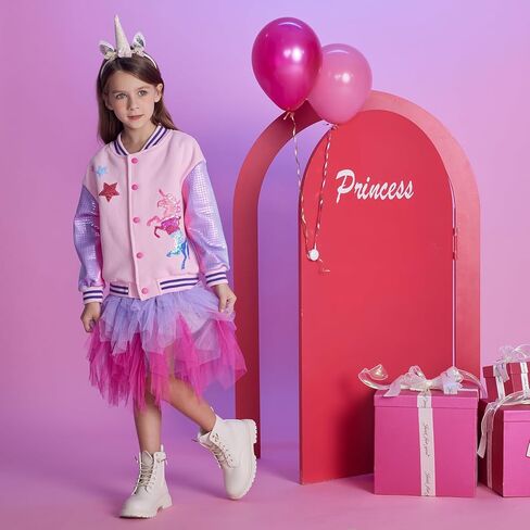DXTON Girls Baseball Bomber Jacket Zip/Button Sweatshirt Fall Winter Outwear Coat for Kids Toddler 3-12 Years in Saudi Arabia