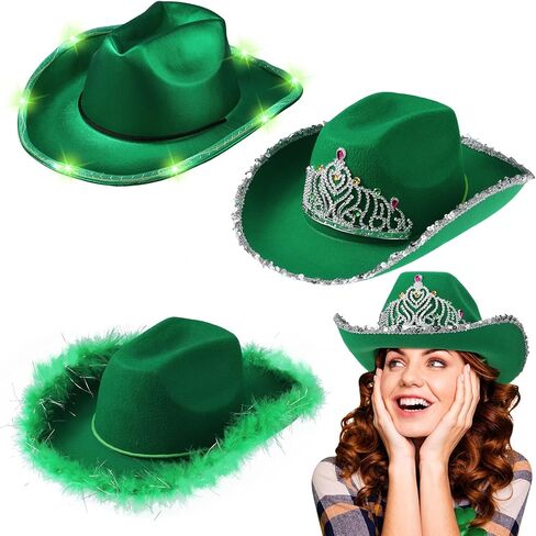 Croknit 3 Pcs St. Patrick's Day Cowgirl Hat Cowboy Hat Sparkly Space Light up Costume Accessories with Feathers Tiara Crown for Western Disco Rodeo Party Green in Saudi Arabia