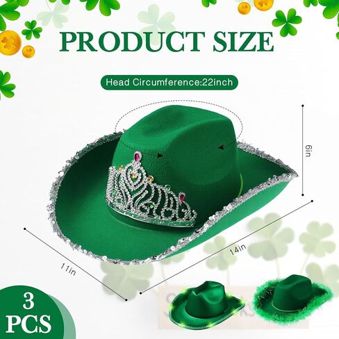 Croknit 3 Pcs St. Patrick's Day Cowgirl Hat Cowboy Hat Sparkly Space Light up Costume Accessories with Feathers Tiara Crown for Western Disco Rodeo Party Green in Saudi Arabia