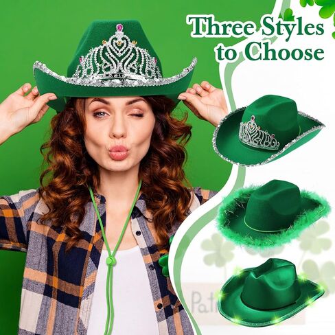 Croknit 3 Pcs St. Patrick's Day Cowgirl Hat Cowboy Hat Sparkly Space Light up Costume Accessories with Feathers Tiara Crown for Western Disco Rodeo Party Green in Saudi Arabia