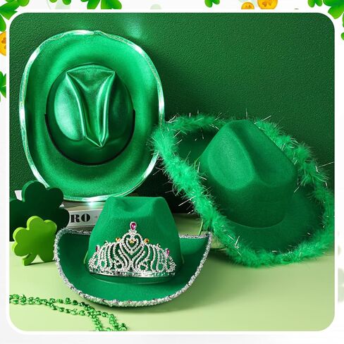 Croknit 3 Pcs St. Patrick's Day Cowgirl Hat Cowboy Hat Sparkly Space Light up Costume Accessories with Feathers Tiara Crown for Western Disco Rodeo Party Green in Saudi Arabia