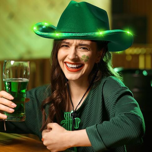 Croknit 3 Pcs St. Patrick's Day Cowgirl Hat Cowboy Hat Sparkly Space Light up Costume Accessories with Feathers Tiara Crown for Western Disco Rodeo Party Green in Saudi Arabia
