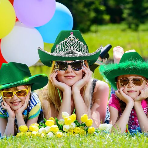Croknit 3 Pcs St. Patrick's Day Cowgirl Hat Cowboy Hat Sparkly Space Light up Costume Accessories with Feathers Tiara Crown for Western Disco Rodeo Party Green in Saudi Arabia