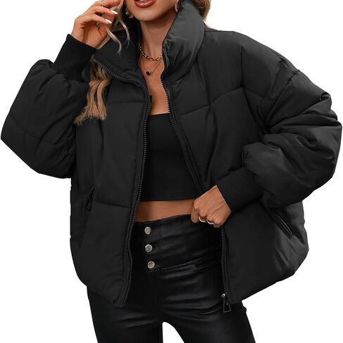 Winter Puffer Jacket Women Cropped Baggy Down Coats Long Sleeves Zip Puffy Jackets in Saudi Arabia