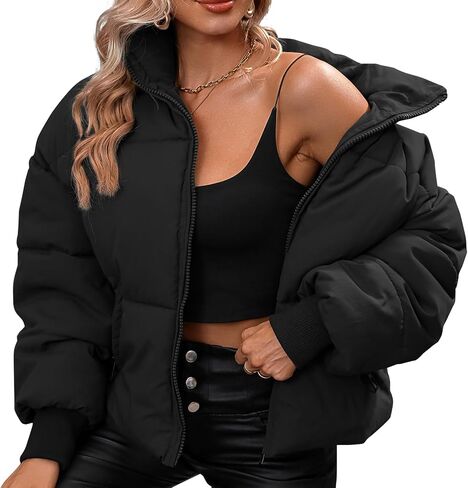 Winter Puffer Jacket Women Cropped Baggy Down Coats Long Sleeves Zip Puffy Jackets in Saudi Arabia