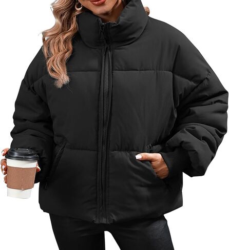 Winter Puffer Jacket Women Cropped Baggy Down Coats Long Sleeves Zip Puffy Jackets in Saudi Arabia