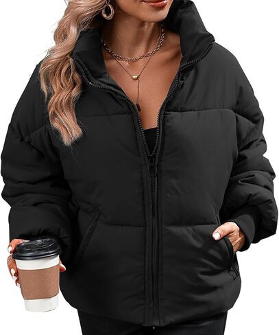 Winter Puffer Jacket Women Cropped Baggy Down Coats Long Sleeves Zip Puffy Jackets in Saudi Arabia
