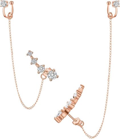 CZ 925 Sterling Silver 14K Gold Plated Ear Crawler Hypoallergenic 4 Crystals Stud Earring with Chain Threader Earrings for Women in Saudi Arabia