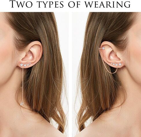 CZ 925 Sterling Silver 14K Gold Plated Ear Crawler Hypoallergenic 4 Crystals Stud Earring with Chain Threader Earrings for Women in Saudi Arabia