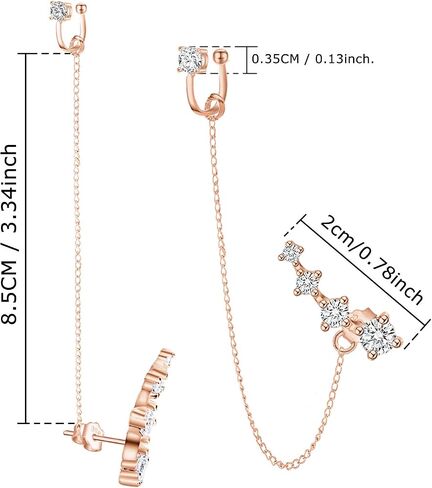 CZ 925 Sterling Silver 14K Gold Plated Ear Crawler Hypoallergenic 4 Crystals Stud Earring with Chain Threader Earrings for Women in Saudi Arabia