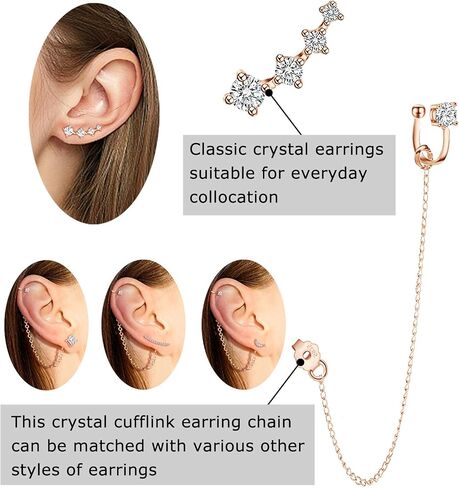 CZ 925 Sterling Silver 14K Gold Plated Ear Crawler Hypoallergenic 4 Crystals Stud Earring with Chain Threader Earrings for Women in Saudi Arabia