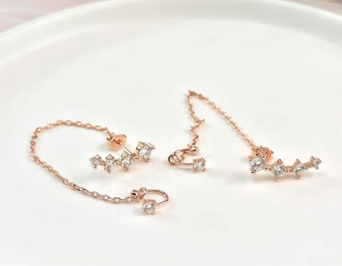 CZ 925 Sterling Silver 14K Gold Plated Ear Crawler Hypoallergenic 4 Crystals Stud Earring with Chain Threader Earrings for Women in Saudi Arabia
