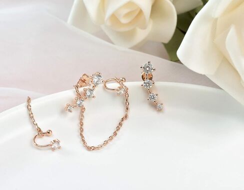 CZ 925 Sterling Silver 14K Gold Plated Ear Crawler Hypoallergenic 4 Crystals Stud Earring with Chain Threader Earrings for Women in Saudi Arabia