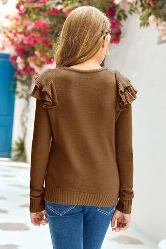CNJFJ Kids Girls Cute Crew Neck Fuzzy Sweaters Ruffle Long Sleeve Basic Solid Pullover Sweaters in Saudi Arabia