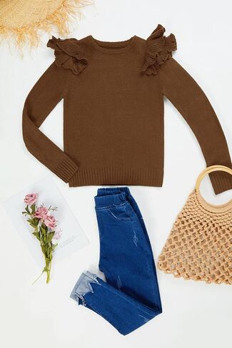CNJFJ Kids Girls Cute Crew Neck Fuzzy Sweaters Ruffle Long Sleeve Basic Solid Pullover Sweaters in Saudi Arabia