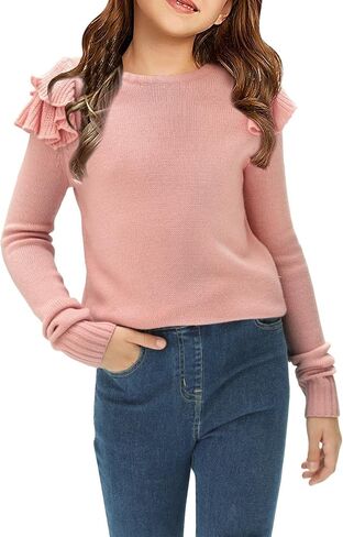CNJFJ Kids Girls Cute Crew Neck Fuzzy Sweaters Ruffle Long Sleeve Basic Solid Pullover Sweaters in Saudi Arabia