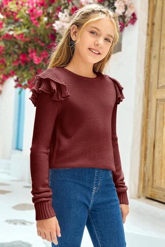 سترات CNJFJ للأطفال البنات اللطيفة ذات الرقبة الدائرية الغامضة والأكمام الطويلة والمكشكشة الأساسية in Kuwait