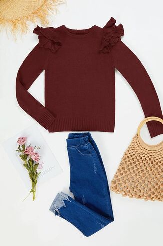 سترات CNJFJ للأطفال البنات اللطيفة ذات الرقبة الدائرية الغامضة والأكمام الطويلة والمكشكشة الأساسية in Kuwait