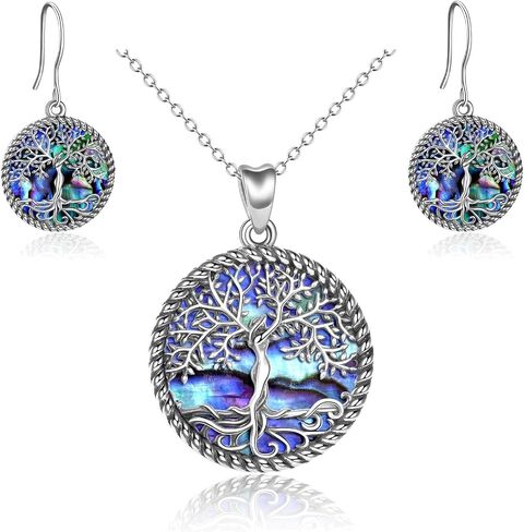 ONEFINITY Tree of Life Necklace Earrings Sterling Silver Abalone Shell Tree of Life Pendant Jewelry Sets for Women Gifts in Saudi Arabia